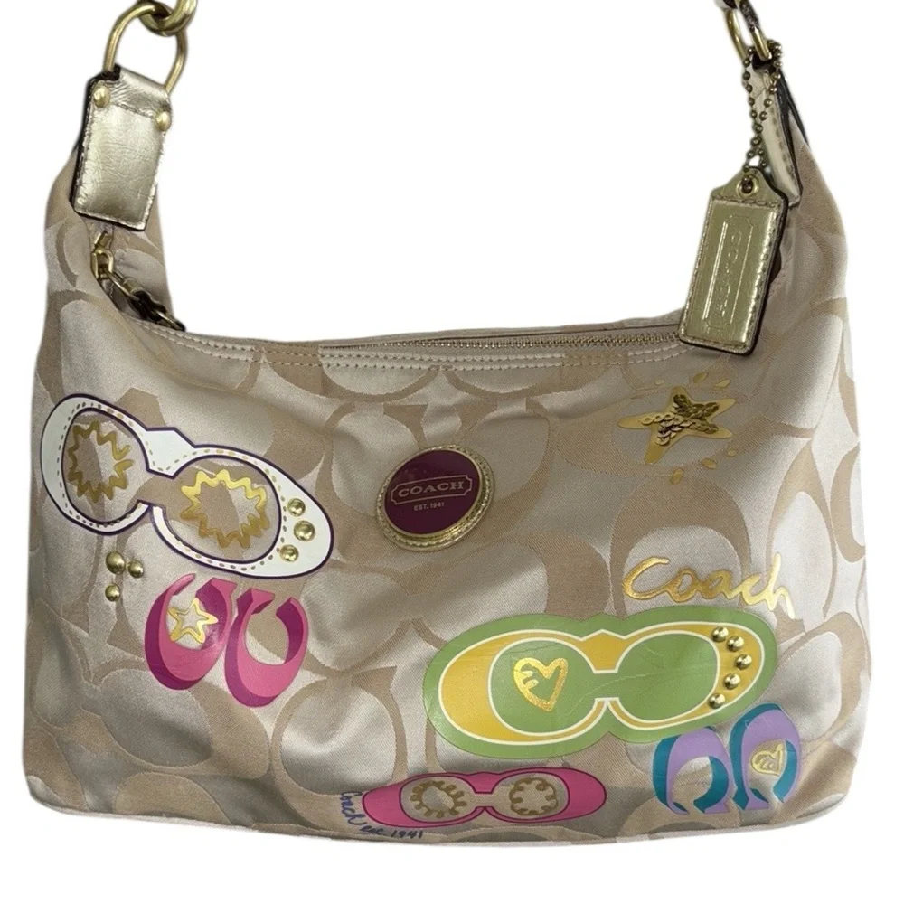 COACH Poppy Khaki Sateen Logo Multicolor Applique Shoulder Hobo Bag - F17586